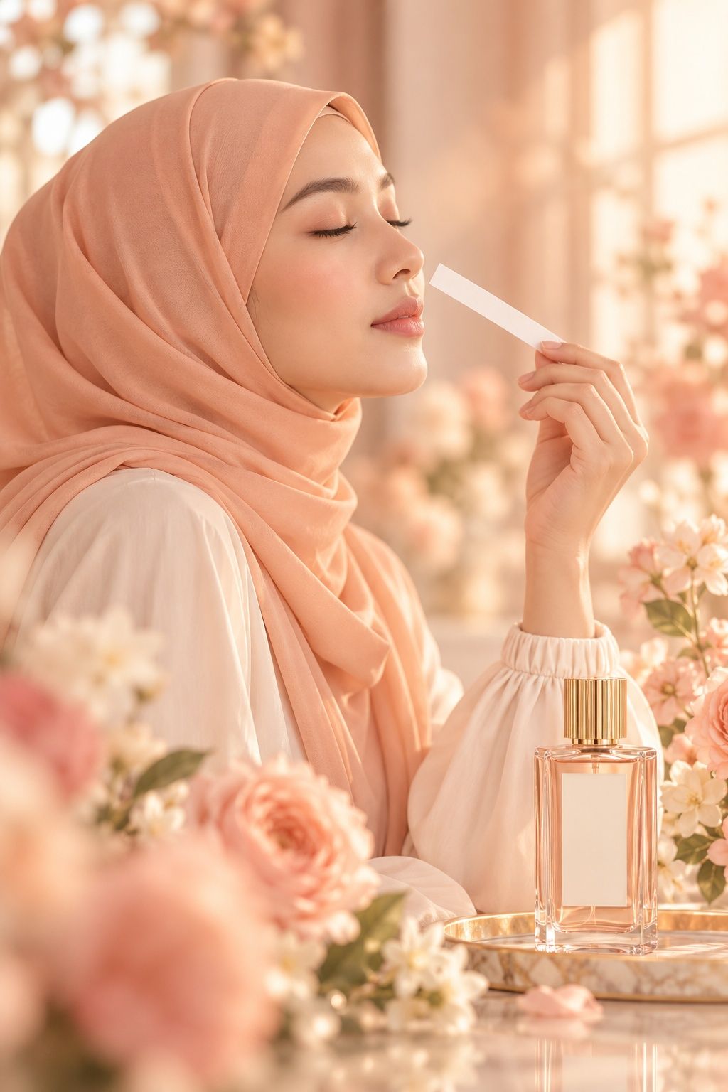 Seorang wanita bertudung aprikot menghidu jalur kertas wangian dengan mata terpejam