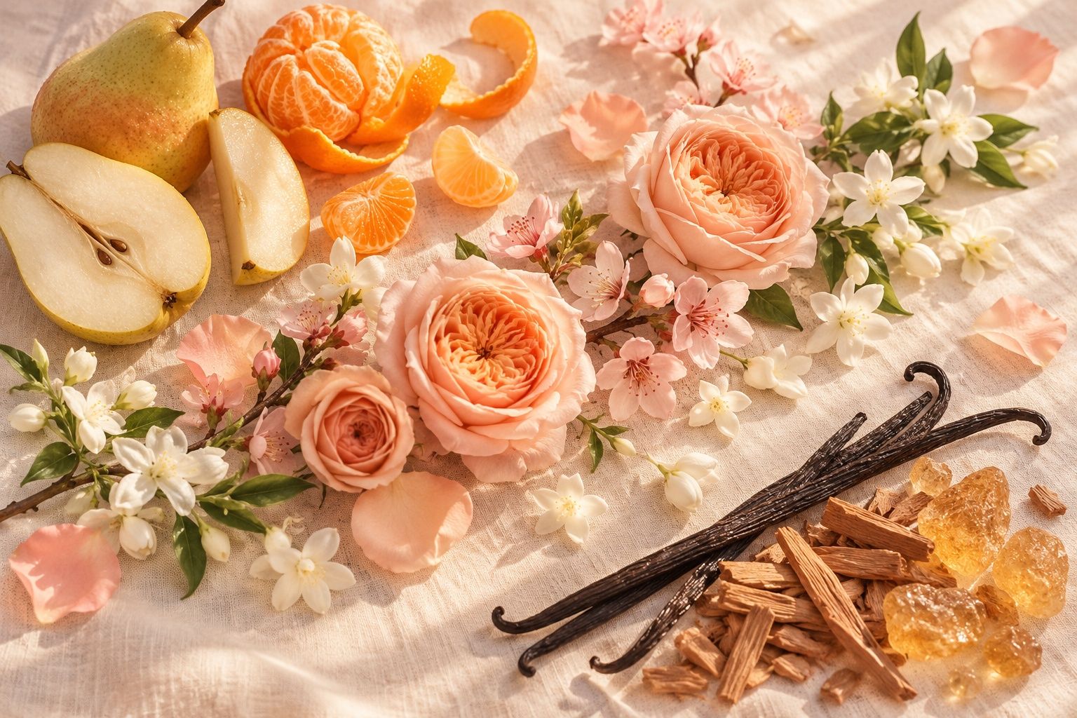 Bahan wangian di atas linen: pear dan mandarin, mawar dan melur, vanila dan cendana